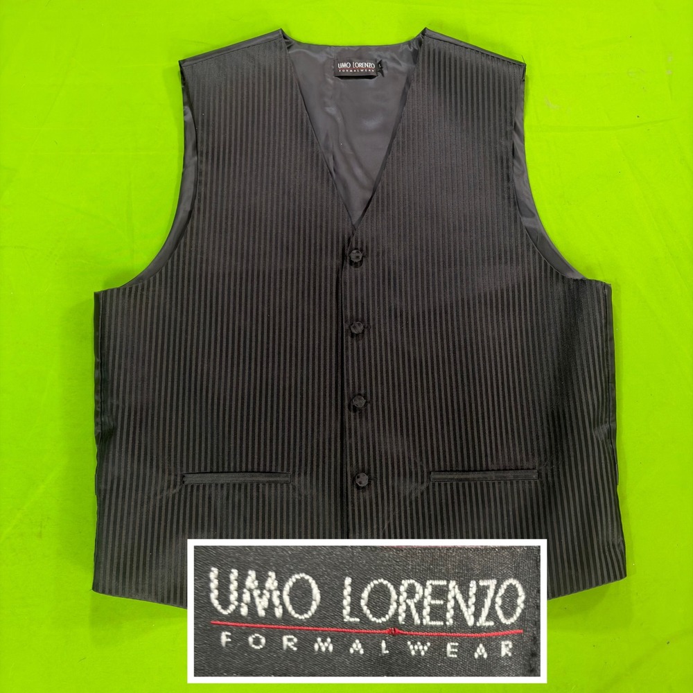 Umo Lorenzo Mens L Black Pinstripe Suit Vest 5-Button Tuxedo Waistcoat Wedding